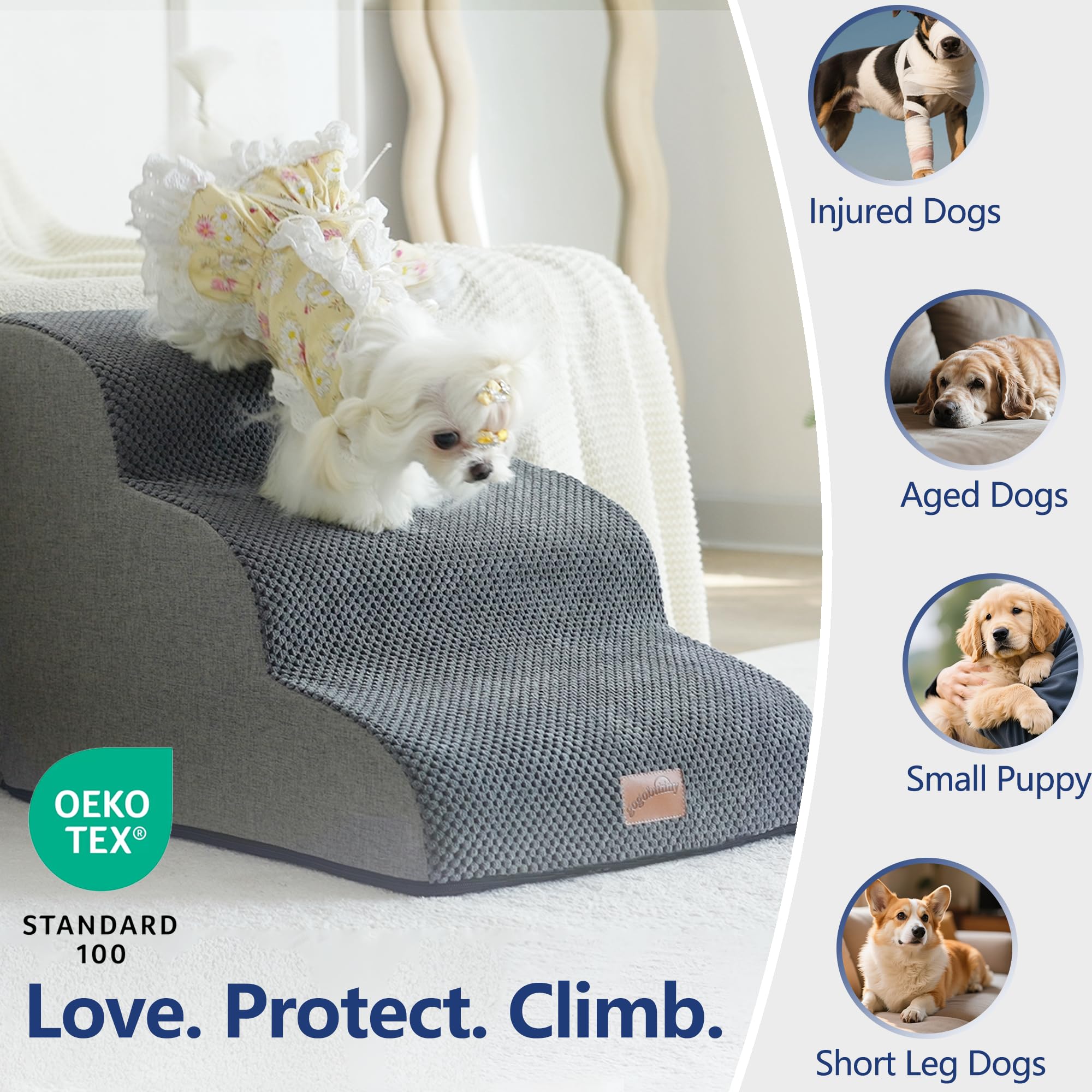 GoGoBunny Ramp Dog Stairs front view highlighting non-slip base and grey cover.