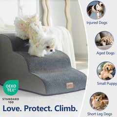 GoGoBunny Ramp Dog Stairs front view highlighting non-slip base and grey cover.