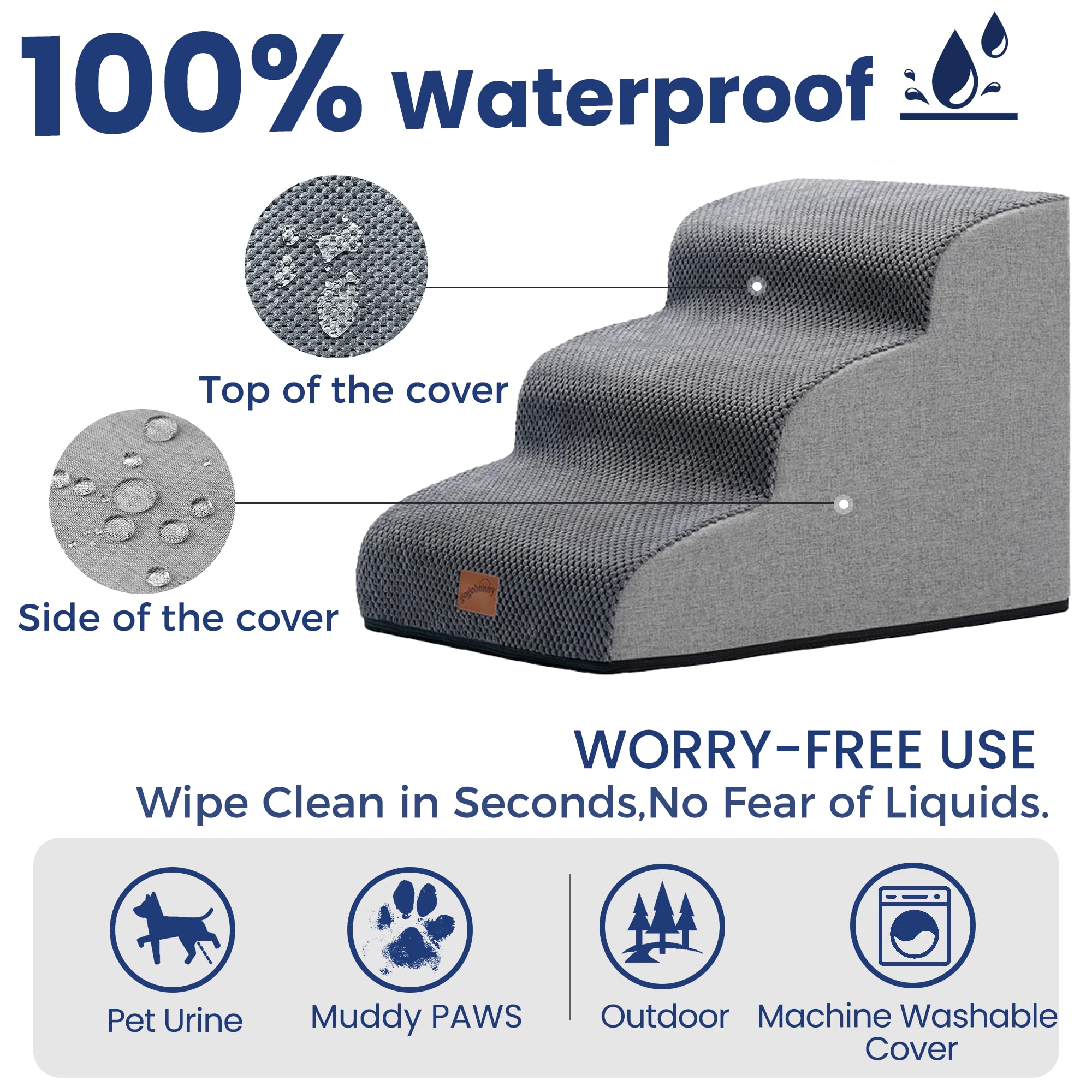GoGoBunny Ramp Dog Stairs waterproof backing preventing spills on floor.