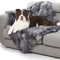 gogobunny tie-dye grey waterproof blanket close-up shows plush fabric and stain resistance.