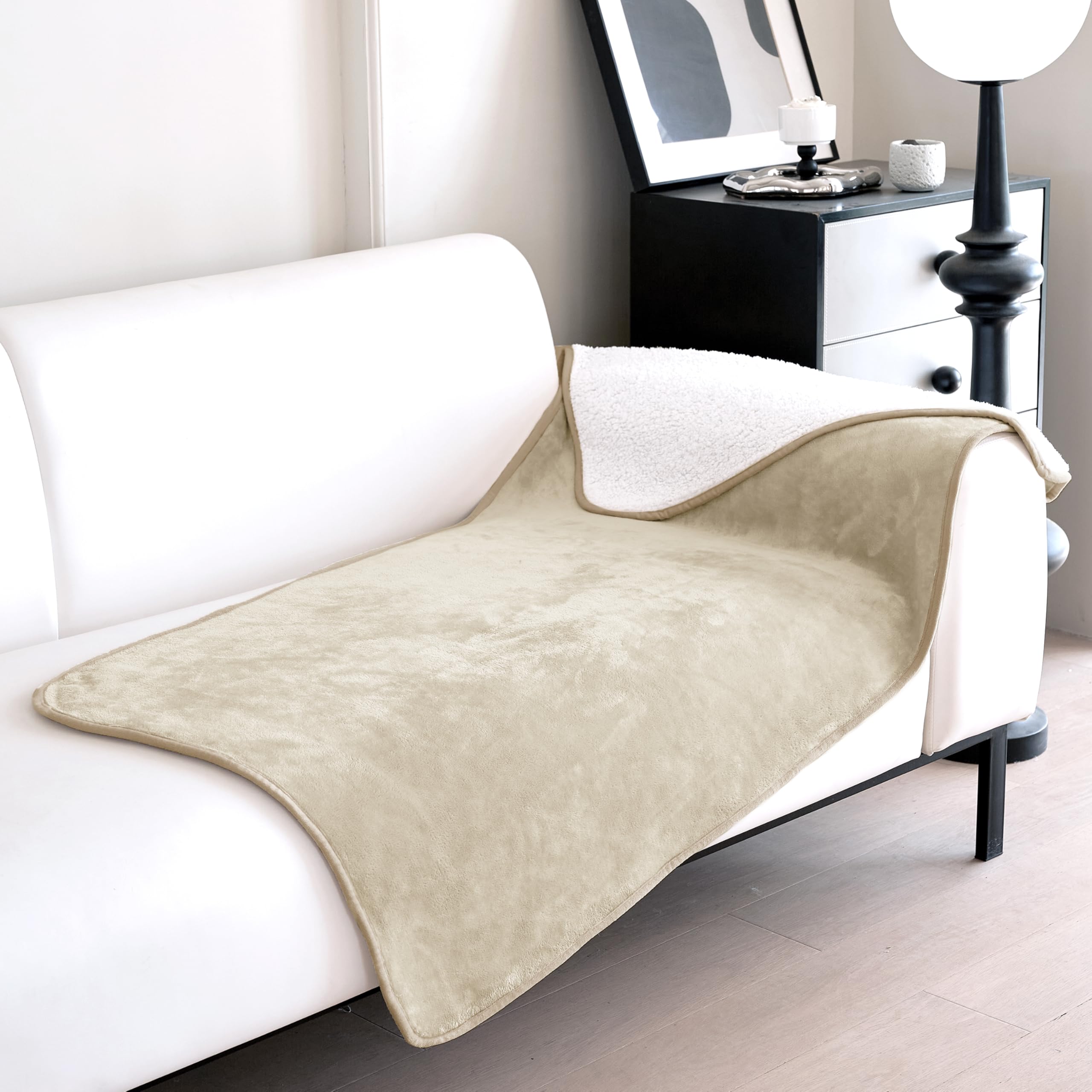 Gogobunny waterproof bed blanket cream 30x70 spread on bed for spill protection.