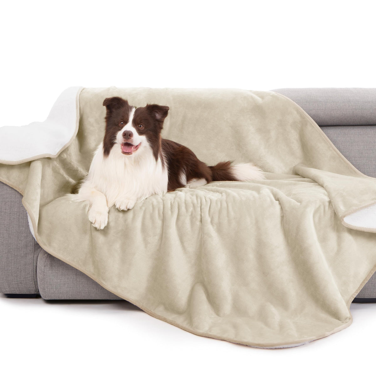 Gogobunny waterproof bed blanket cream folded on bed showing liquid protection for pets