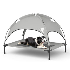 GOJOOASIS outdoor dog bed with canopy side view for breathable elevated lounging.