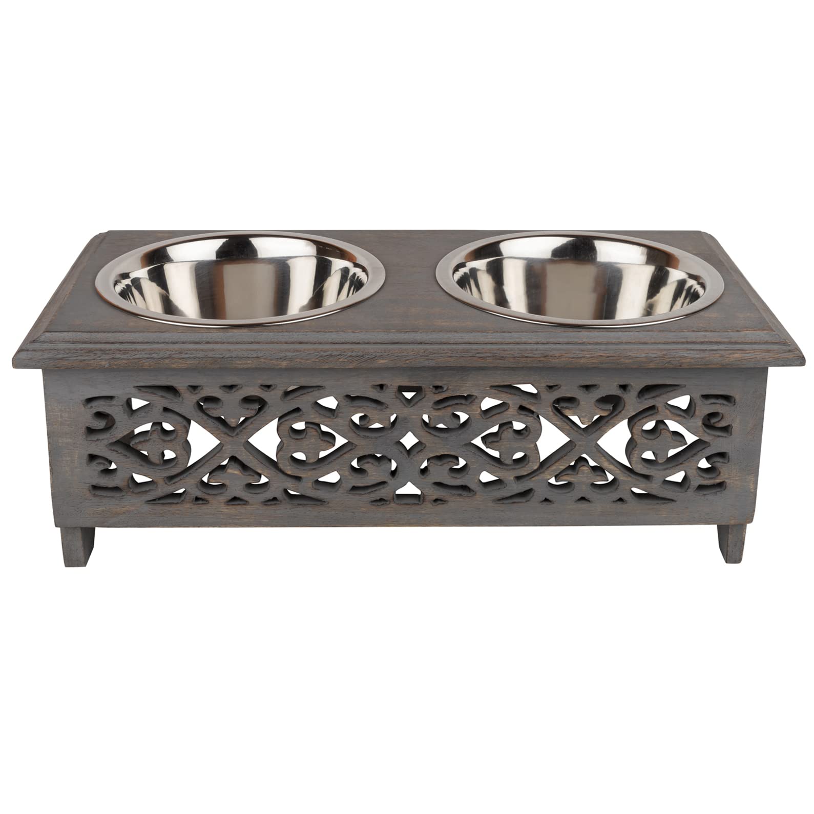 GoCraft raised-dog-bowls on a wood stand offer small dogs a comfortable eating height.