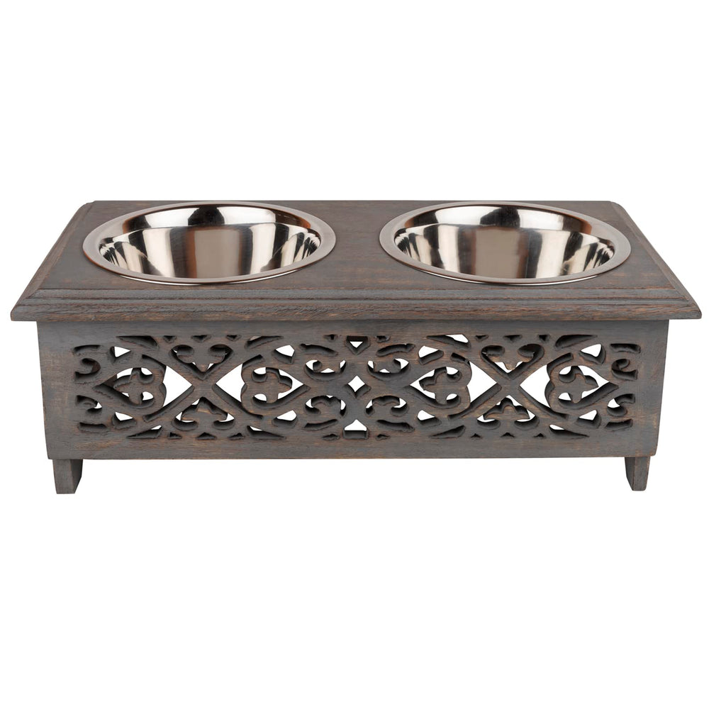 GoCraft raised-dog-bowls on a wood stand offer small dogs a comfortable eating height.