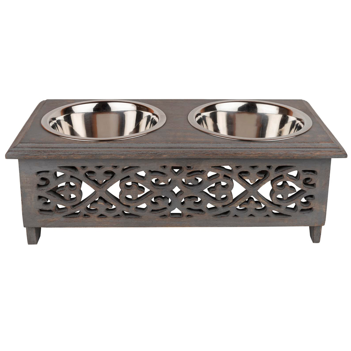 GoCraft raised-dog-bowls on a wood stand offer small dogs a comfortable eating height.