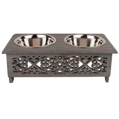 GoCraft raised-dog-bowls on a wood stand offer small dogs a comfortable eating height.