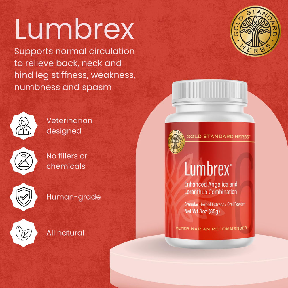 Gold Standard Herbs Lumbrex dosing scoop shown for precise pet dosing.