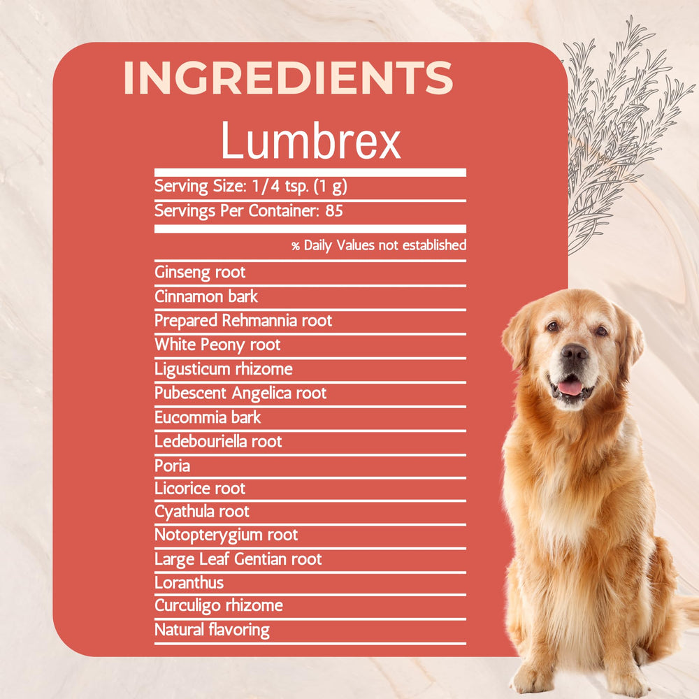 Gold Standard Herbs Lumbrex being poured over dog food for mixing.