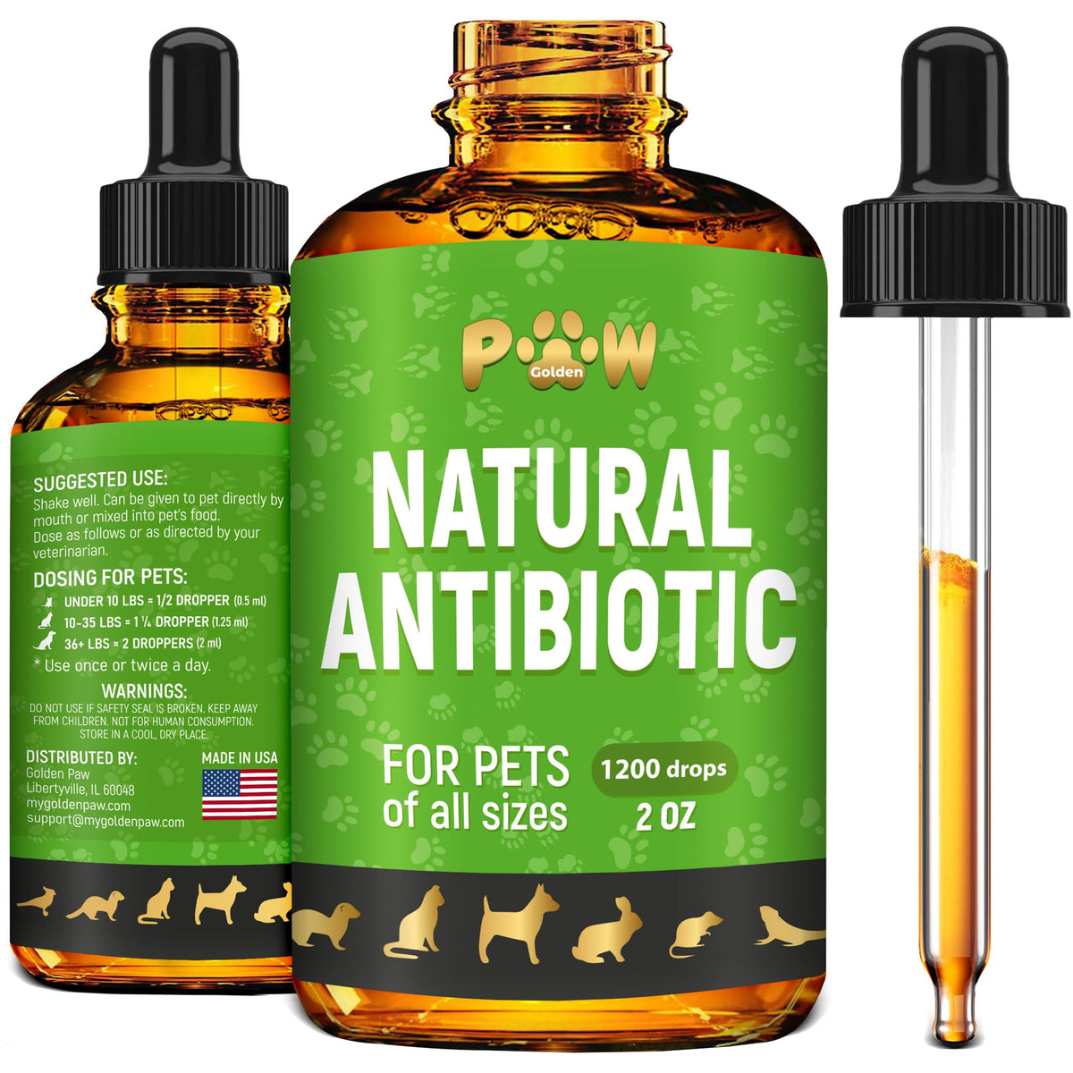 Golden Paw antibiotics drops bottle shows a natural formula for pets' digestive support.
