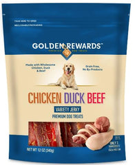 Golden Rewards 12oz jerky packaging showcases wholesome ingredients for training rewards.