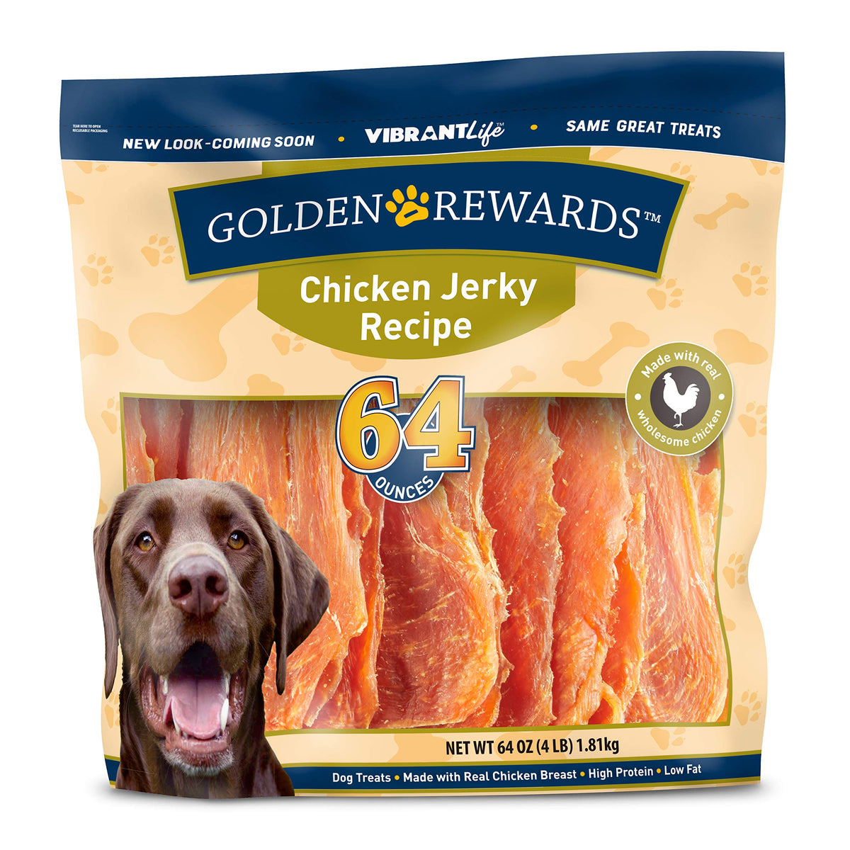 Golden Rewards chicken jerky 64oz packaging highlighting protein-rich bites for daily rewards