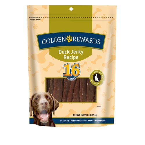 Golden Rewards duck jerky dog treat in use as a tasty training reward for dogs.