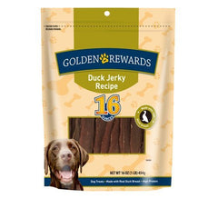 Golden Rewards duck jerky dog treat in use as a tasty training reward for dogs.