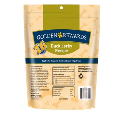 Golden Rewards duck jerky dog treat packaging in a 16 oz bag for easy rewards.