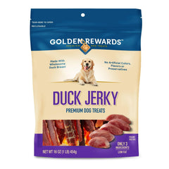 Golden Rewards Duck Jerky packaging front showing real-duck treats for dogs