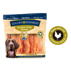 Golden Rewards jerky treats bag display highlighting protein-rich snack for active dogs