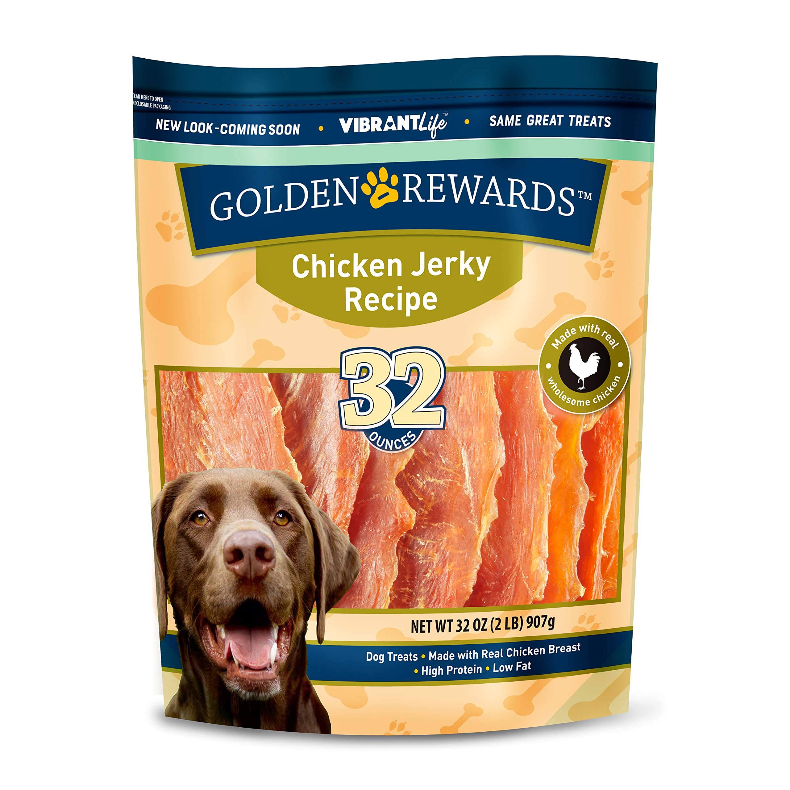 Golden Rewards pack of 2 chicken jerky dog treats 32 oz for training and reward sessions.