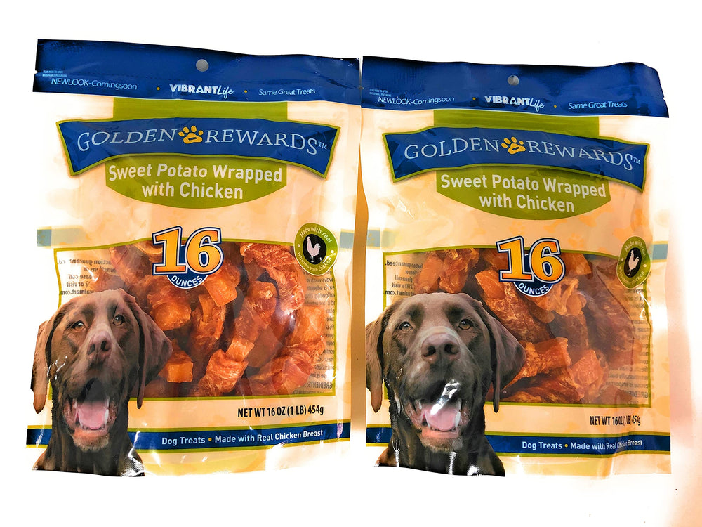 Golden Rewards Sweet Potato Chicken 16oz Pack-2 pouch shows a resealable pouch for convenient, fiber-rich dog treats.