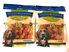 Golden Rewards Sweet Potato Chicken 16oz Pack-2 pouch shows a resealable pouch for convenient, fiber-rich dog treats.
