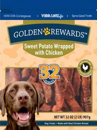 Golden Rewards sweet potato-wrapped chicken dog treat—high-protein training snack.