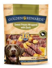 Golden Rewards Sweet Potato Wrapped with Duck Treats image shows real duck and potato, low-fat snack