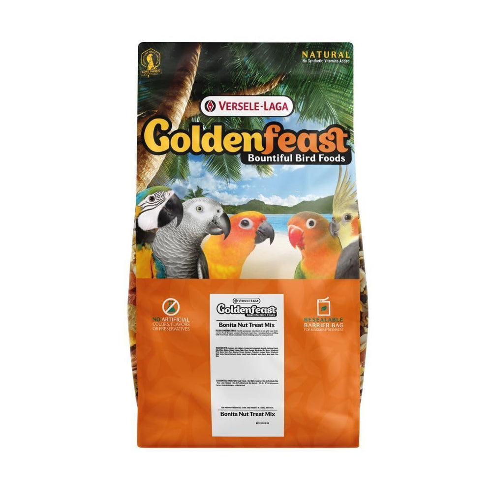 Goldenfeast VL Bonita Nut Treat Mix bag close-up promotes enrichment with varied ingredients