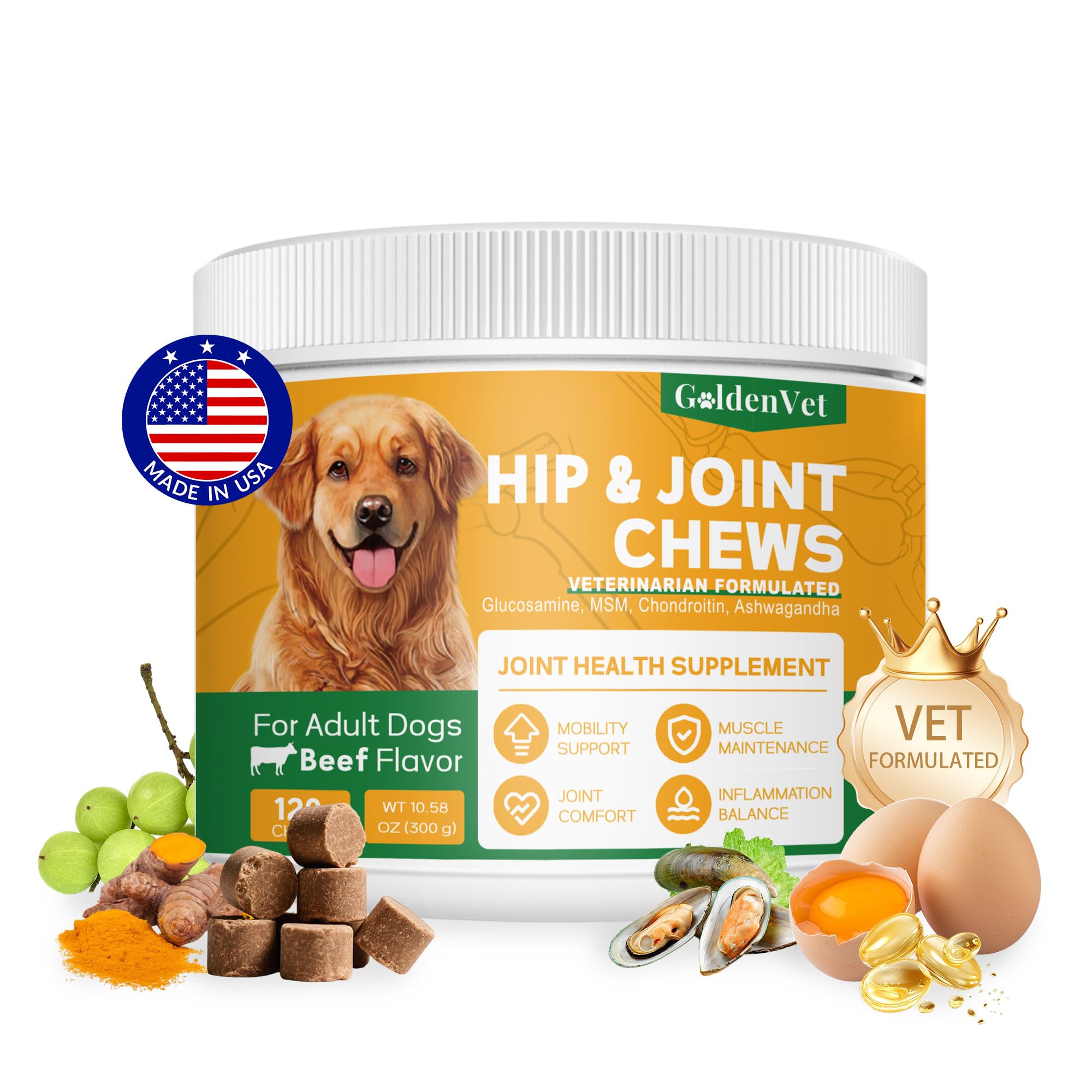 GOLDENVET hip joint chews bottle label highlights glucosamine and chondroitin mobility support