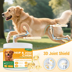 GOLDENVET hip joint chews elderly dog in motion suggesting mobility support