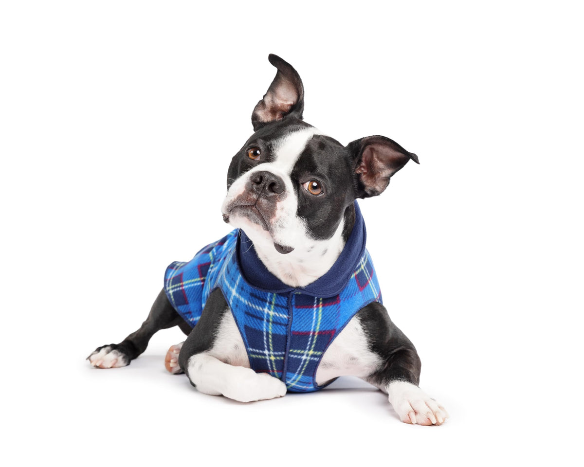 Gold Paw Duluth double fleece dog sweater vest front view in blue plaid provides cozy warmth.