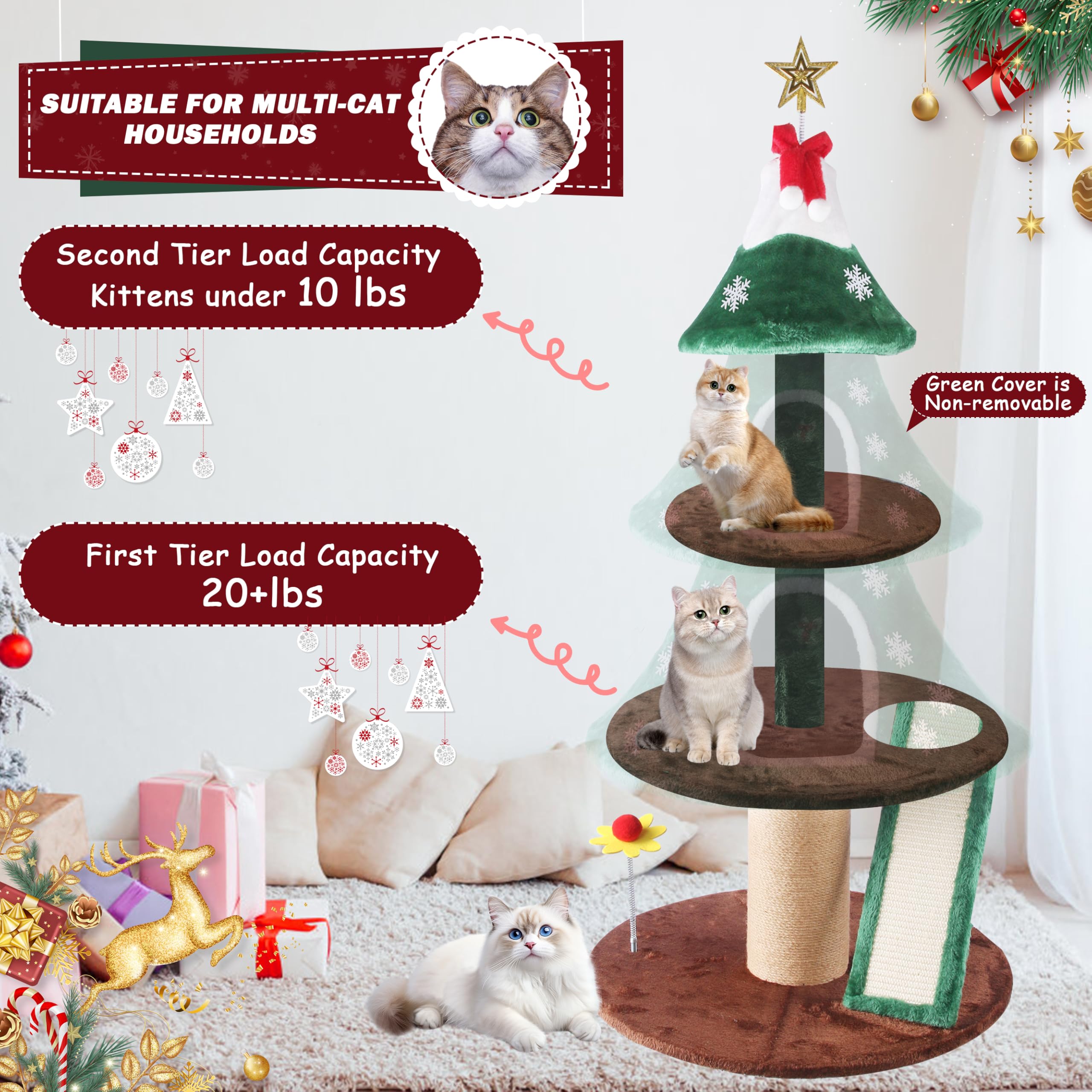 Goldshire Christmas cat tree includes DIY snowflake decorations for festive customization.