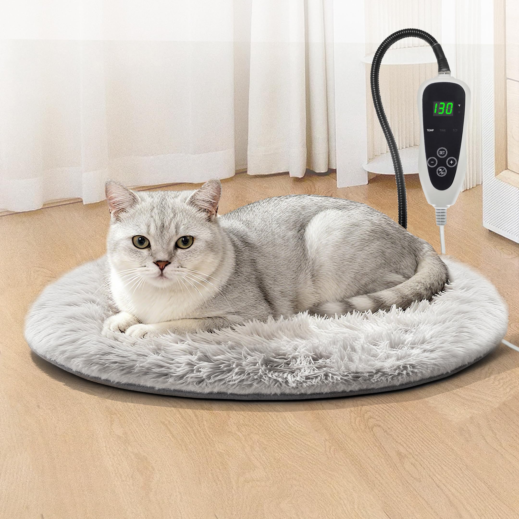 GOLOPET cat heating pad round-16in with smart thermostat for cozy naps.