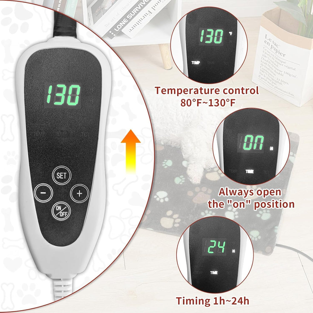 GOLOPET dog heating pad thermostat display demonstrates precise temperature with time settings