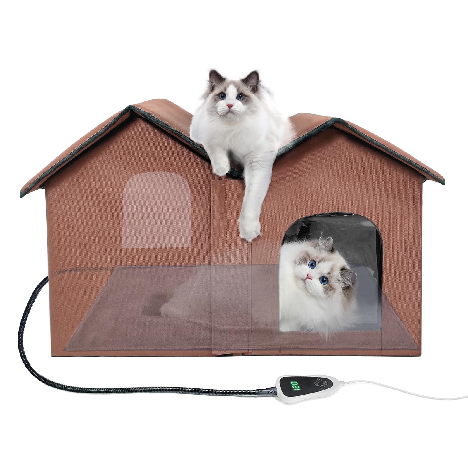 GOLOPET indoor heated cat house front view shows a cozy shelter for cats