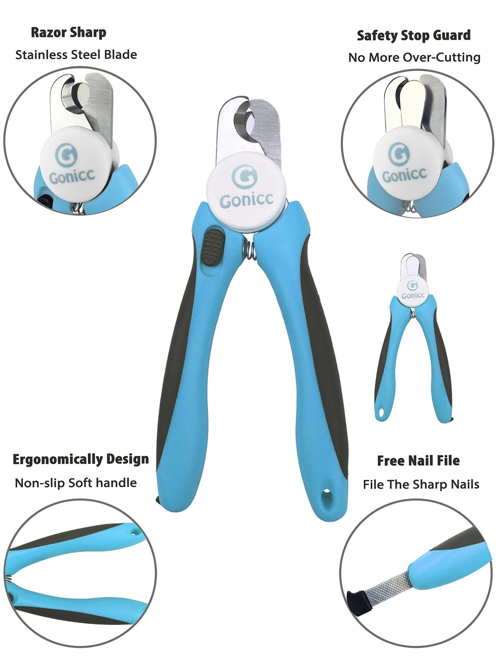 Gonicc nail clippers ergonomic non-slip grip—durable and comfortable for nervous pets.
