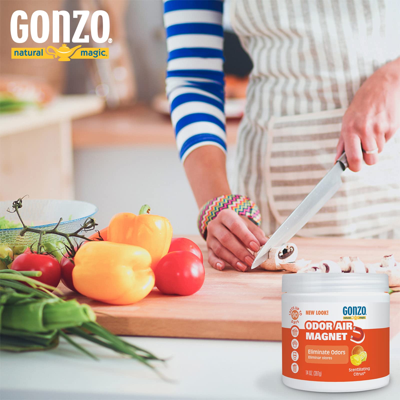 Gonzo Natural Magic odor-absorbing-gel basement highlights quick containment of damp odors.