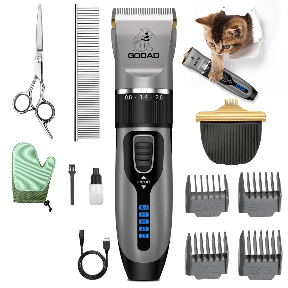 Gooad cat clippers battery display shows long run time for cordless grooming.