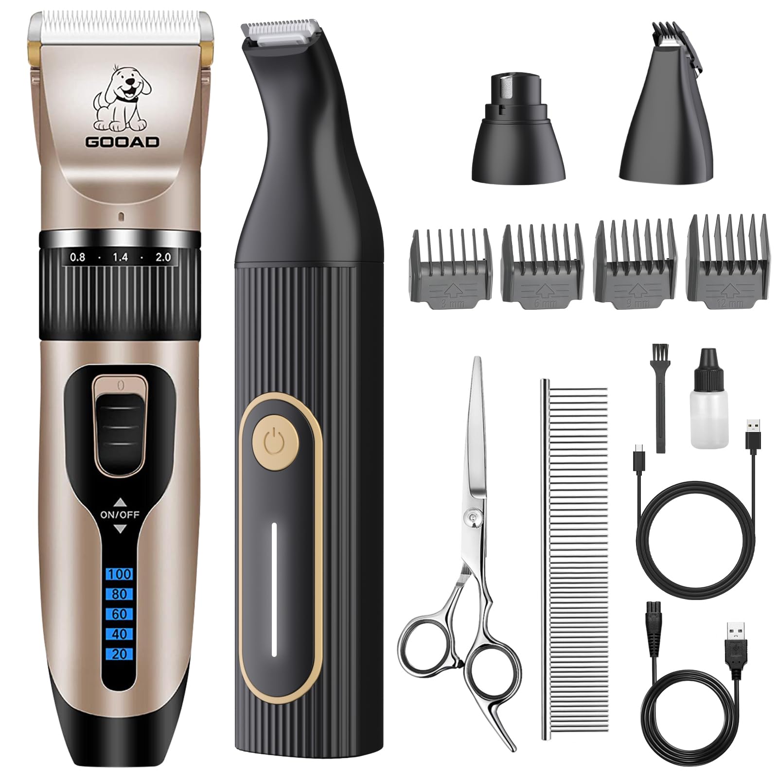 Gooad dog clippers kit with complete grooming accessories for home use.