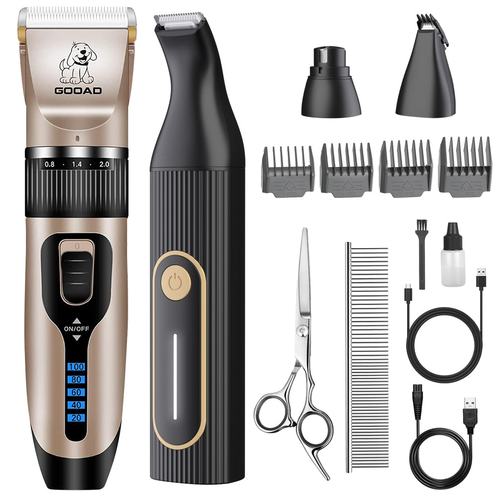Gooad dog clippers kit with complete grooming accessories for home use.