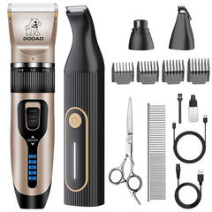 Gooad dog clippers kit with complete grooming accessories for home use.
