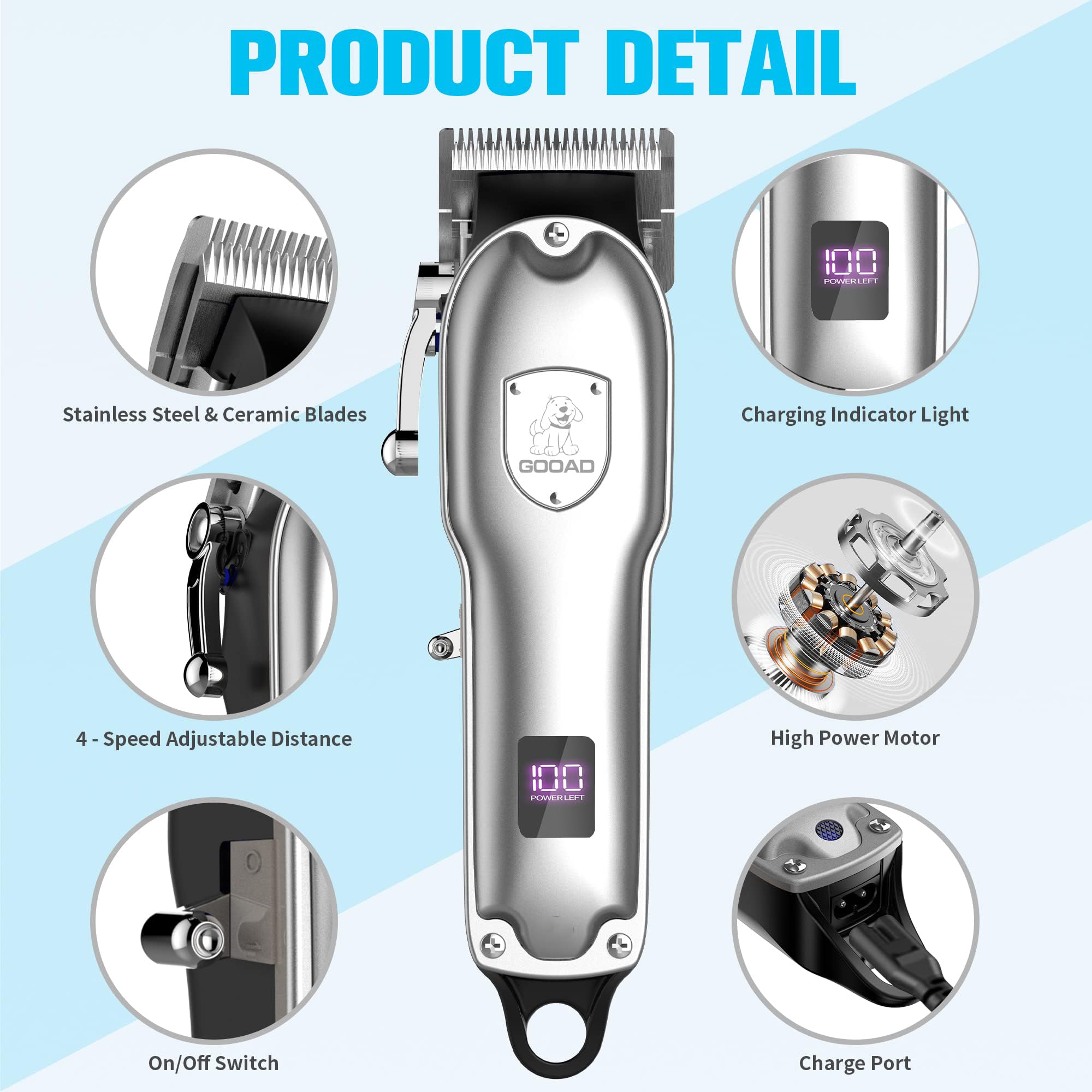 Gooad dog clippers lcd display shows battery and charging status at a glance.
