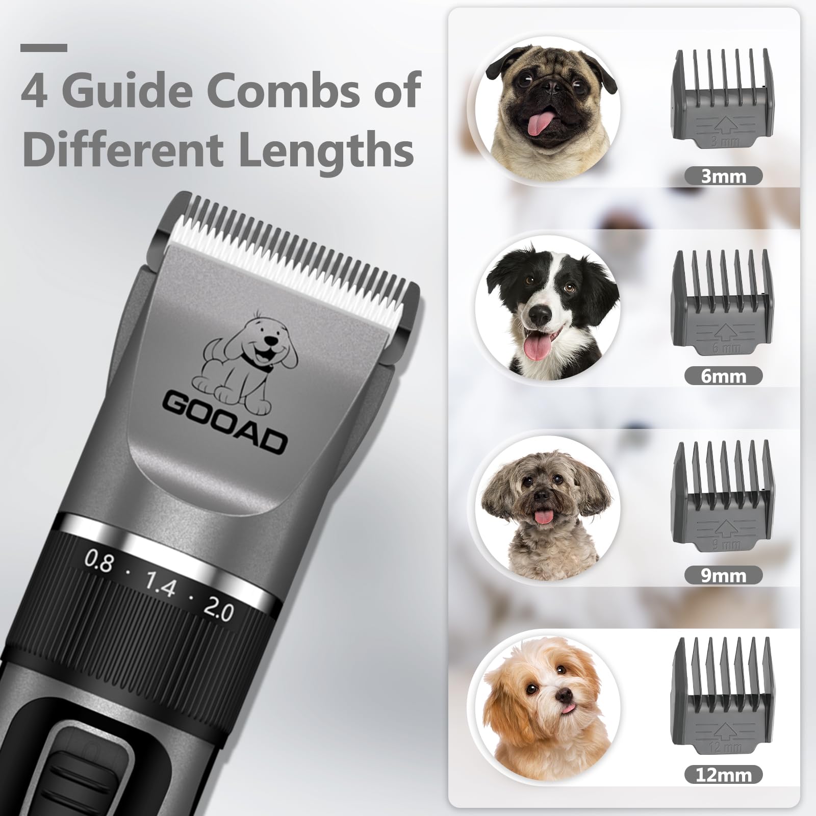 Gooad low-noise motor keeps pets calm during grooming sessions.