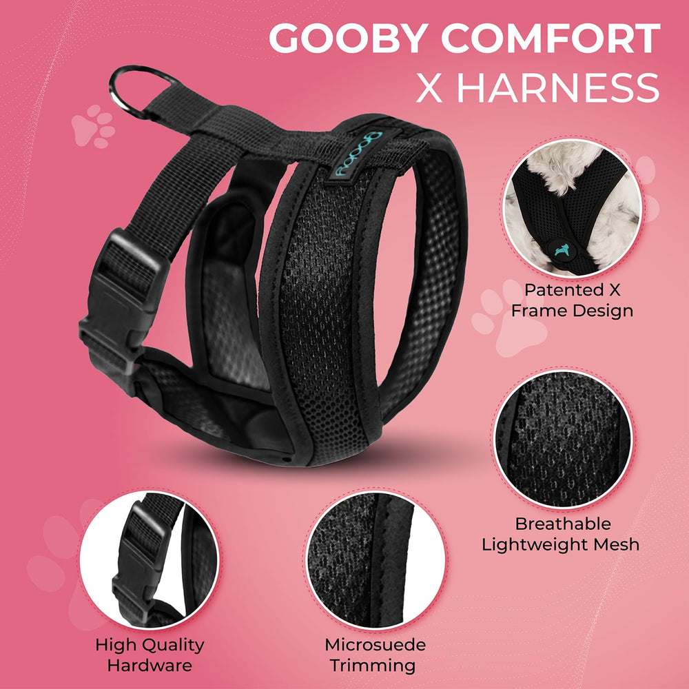 Gooby Comfort X Harness chest-strap closeup displaying patented choke-free X frame