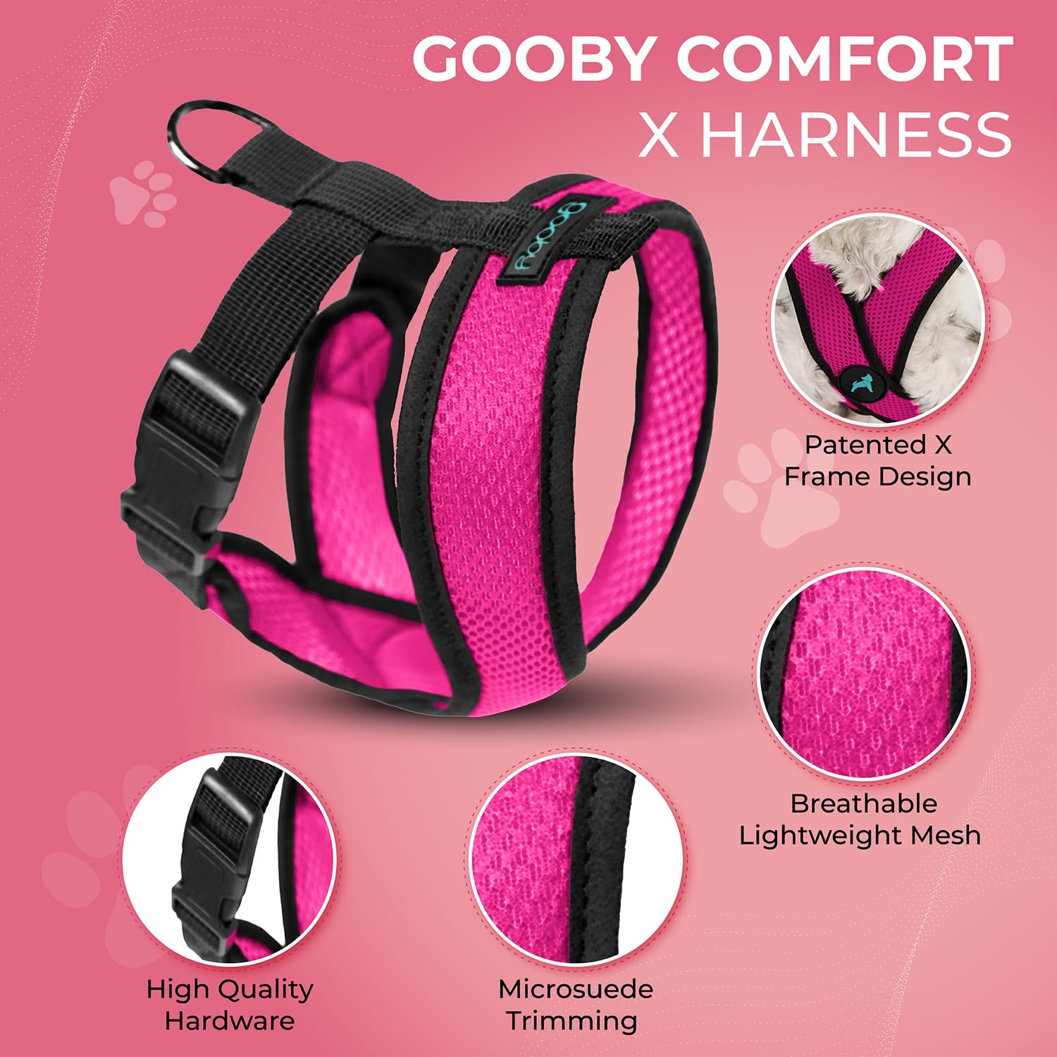 Gooby Comfort X harness Flamingo Pink front view with breathable mesh