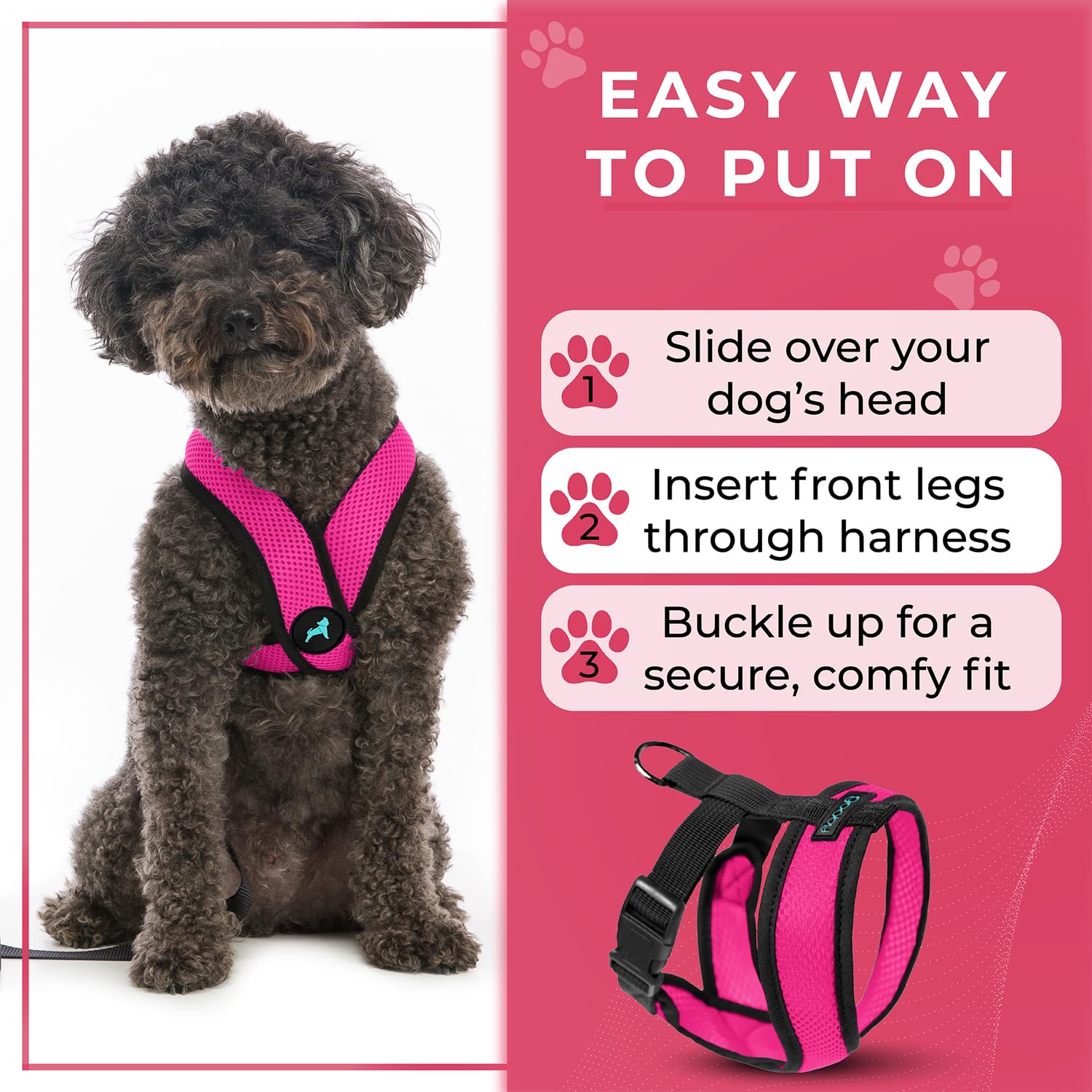 Gooby Comfort X harness Flamingo Pink on-walk shot for indoor and outdoor use