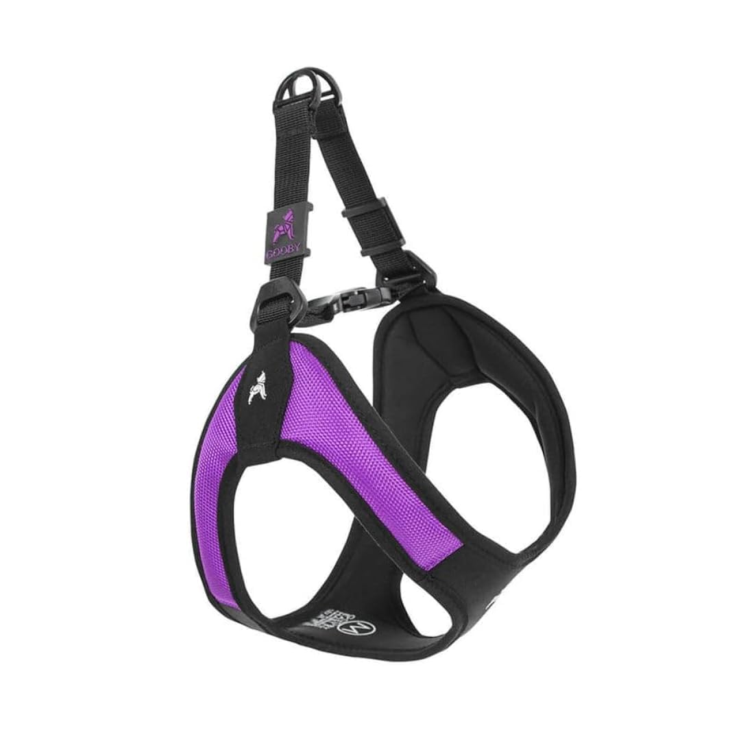 Gooby Escape Free Harness purple front view shows secure small-dog fit for daily walks