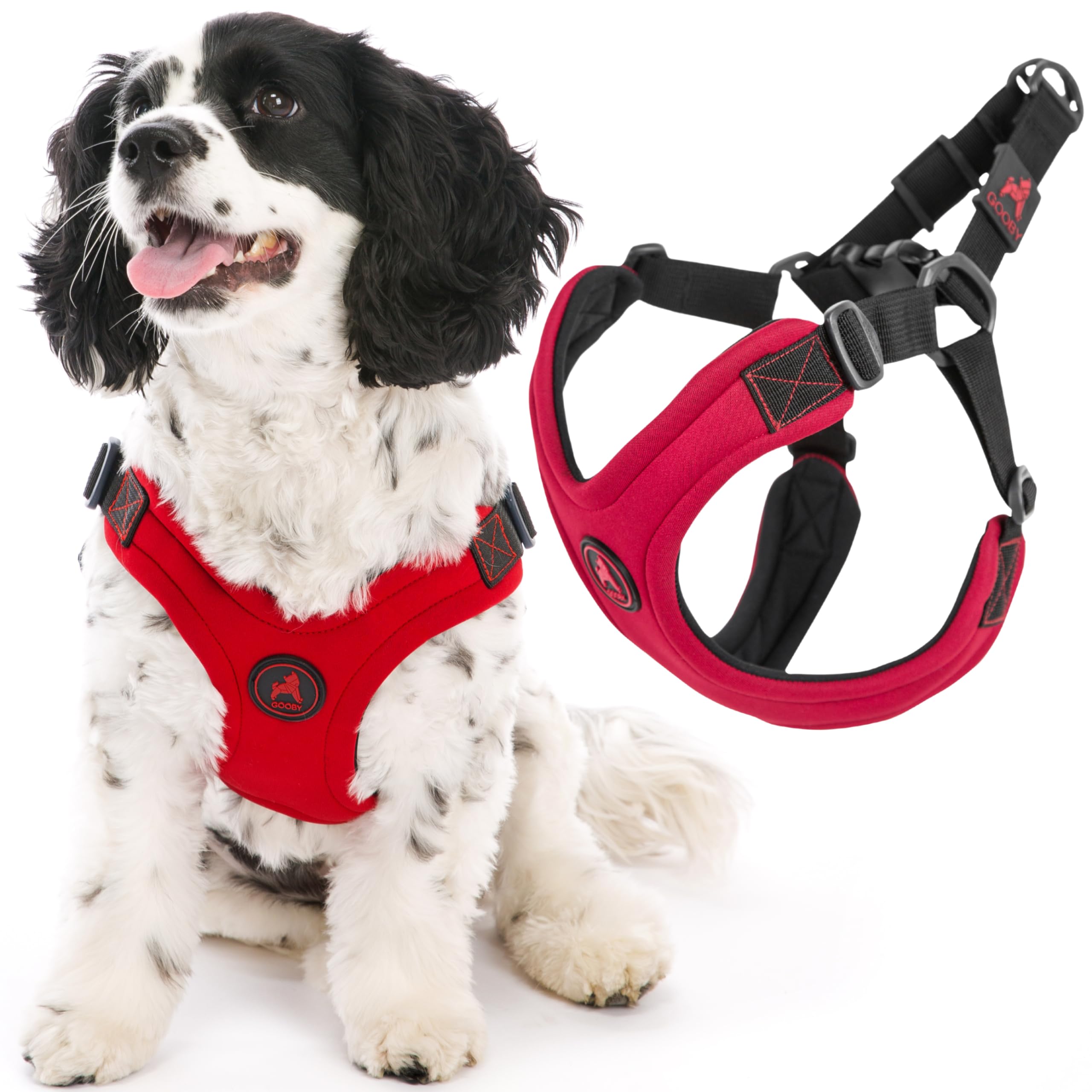 Gooby escape-free sport harness red side view showing secure fit