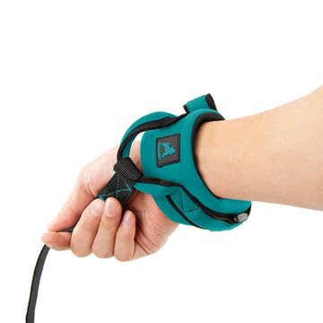 Gooby Neoprene Wrist Band Leash turquoise closeup elastic band shows easy adjustment