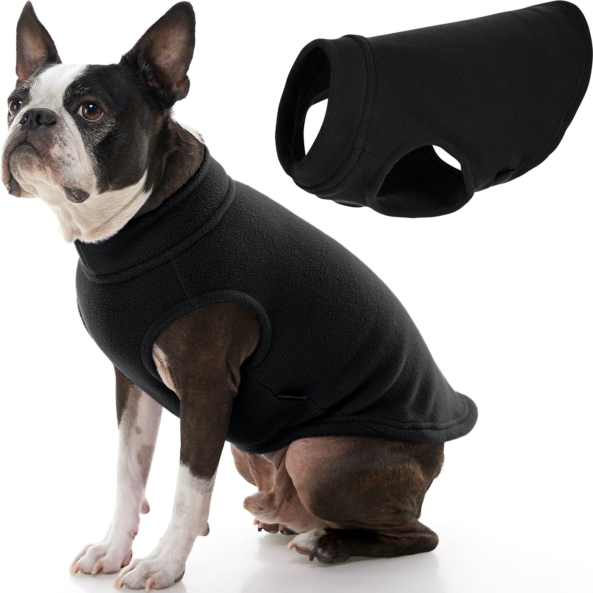 Gooby Stretch Fleece Sweater on dog back shows snug, flexible warmth for all sizes