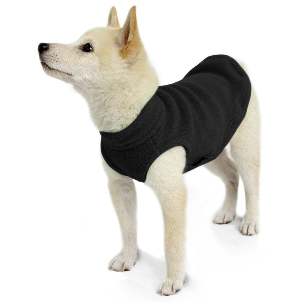 Gooby Stretch Fleece Vest size guide highlights easy back length measurement.